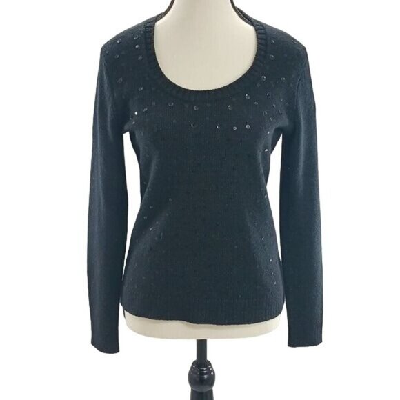 New York & Company Sweater Black Knit Sequins Fitted Womens Size Small - Picture 1 of 5